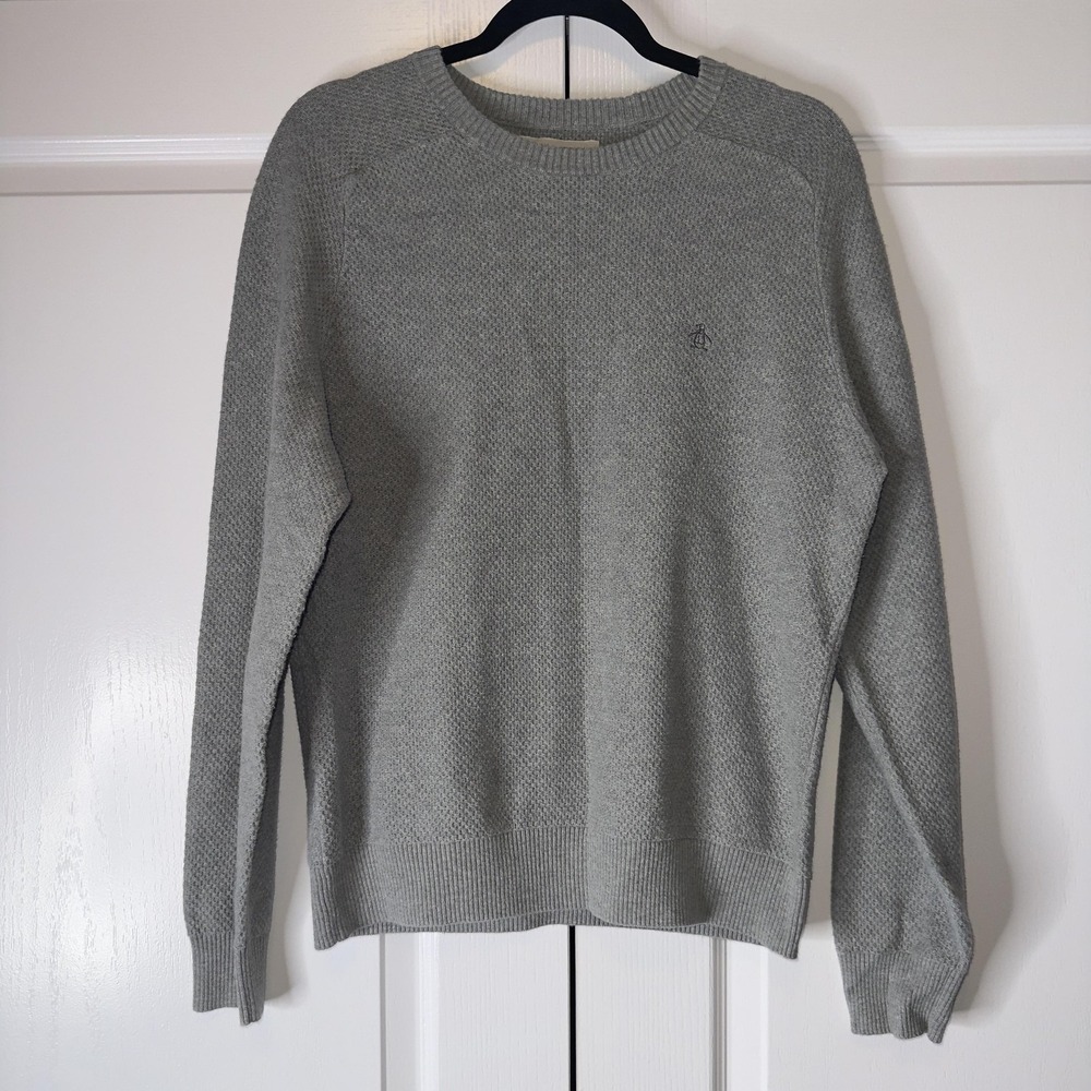 Original Penguin Sweater Mens Large Gray Crewneck Textured Knit Pullover Logo